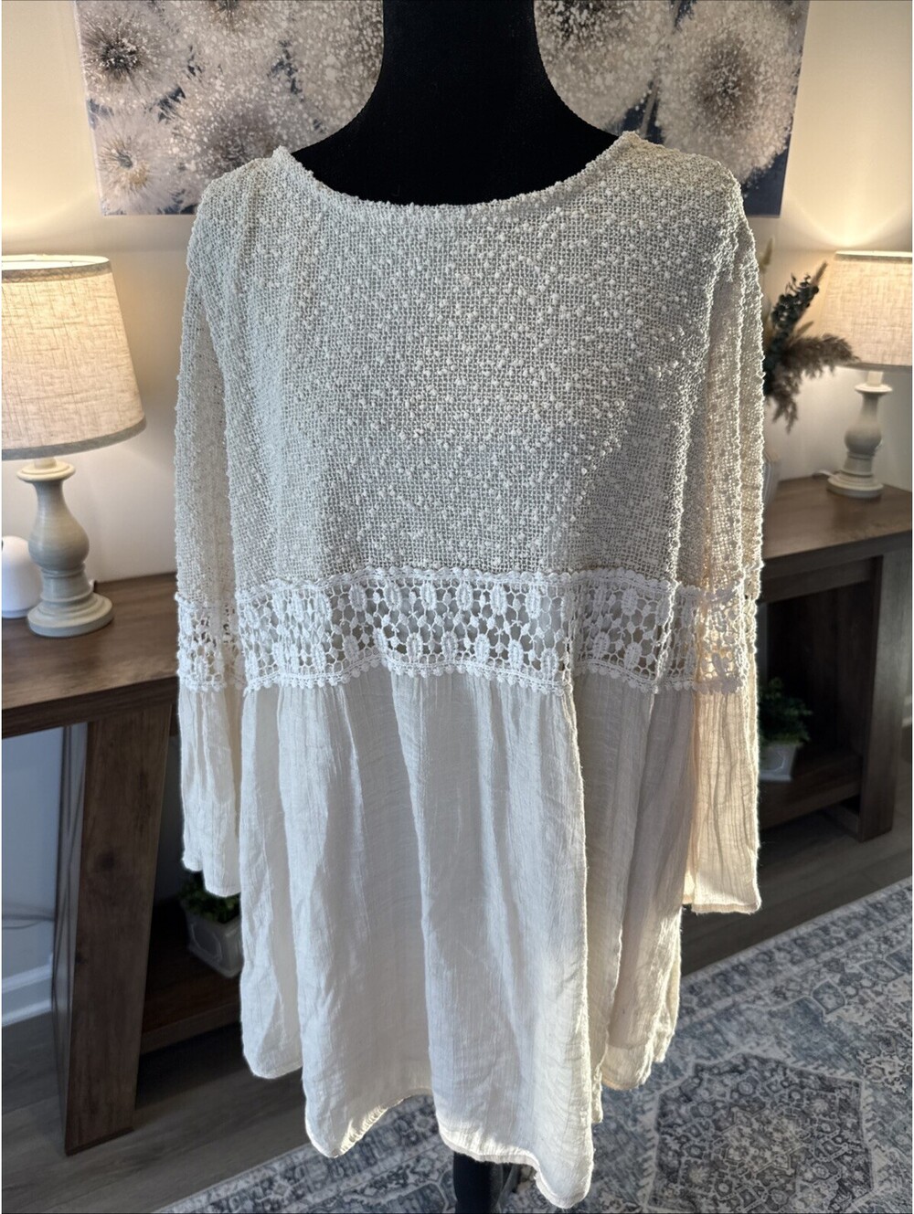 Cal Style Beige  Crochet Lace Boho Peasant Top Romantic Bell sleeve